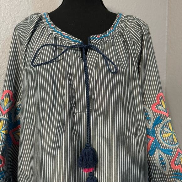 Grifflin Paris Black White Striped Embroidered Sleeve Tunic Dress Size Small - Picture 2 of 13